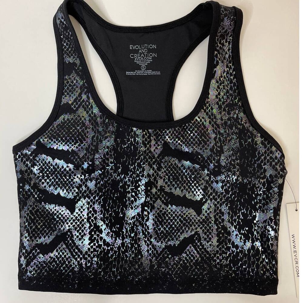 Evolution & Creation Racerback Black Rainbow Snake Print Sports Bra NEW Small